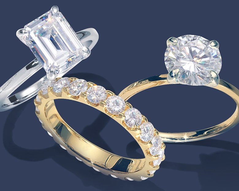 An assortment of moissanite engagement rings. All about moissanite. 